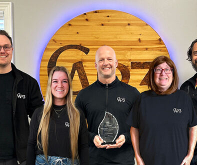 Members of the CAP3:Proclaim team celebrate their recent Golden Tusk Award. From left, Web Director Mitch Thompson, Digital Marketing Specialist Meredith Fricke, CEO Adam Tartt, Writer Dawn Wilson and Chief Marketing Officer Matthew Coleman.